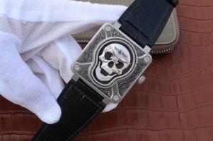 Bell-&-Ross BR01 Burning Skull Tattoo Watch Silver Dial Black Leather Strap Watch00247
