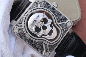 Bell-&-Ross BR01 Burning Skull Tattoo Watch Silver Dial Black Leather Strap Watch00247