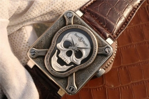 Bell-&-Ross BR01 Silver Case Burning Skull Tattoo Watch Silver Dial Leather Strap Watch00182
