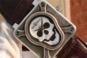 Bell-&-Ross BR01 Silver Case Burning Skull Tattoo Watch Silver Dial Leather Strap Watch00182