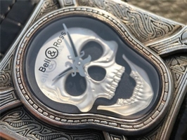 Bell-&-Ross BR01 Silver Case Burning Skull Tattoo Watch Silver Dial Leather Strap Watch00182