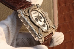 Bell-&-Ross BR01 Silver Case Burning Skull Tattoo Watch Silver Dial Leather Strap Watch00182
