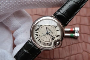 Cartier Ballon Bleu 33mm White Textured Dial Leather Strap Watch00636