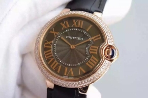 Cartier Ballon Bleu 40mm Diamonds Bezel Black Dial Leather Strap Watch00374