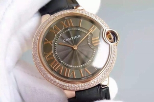 Cartier Ballon Bleu 40mm Diamonds Bezel Black Dial Leather Strap Watch00374