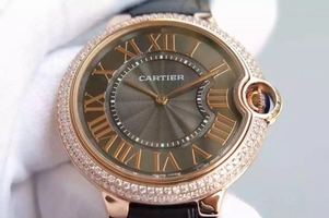 Cartier Ballon Bleu 40mm Diamonds Bezel Black Dial Leather Strap Watch00374