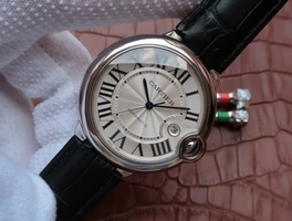 Cartier Ballon Bleu 42mm White Textured Dial Black Leather Strap Watch00099