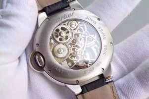 Cheap Cartier Ballon Bleu Skeleton Tourbillon White Dial Brown Leather Strap Watch00688
