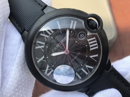 Designer Cartier Ballon Bleu 42mm All Black Black Textured Dial Leather Strap Cartier Watch01132