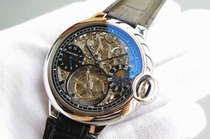 Fake Cartier Ballon Bleu Skeleton Tourbillon Black Dial Black Leather Strap Cartier Watch00759