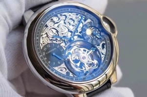 Fake Cartier Ballon Bleu Skeleton Tourbillon Black Dial Black Leather Strap Cartier Watch00759