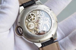 Fake Cartier Ballon Bleu Skeleton Tourbillon Black Dial Black Leather Strap Cartier Watch00759