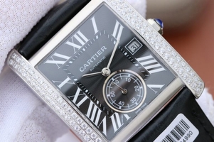Fake Cartier Tank MC Black Dial Diamonds Bezel Leather Strap Watch00320