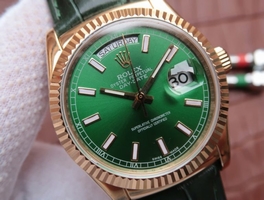 High Quality Fake Rolex Day-Date 118138 Green Dial Green Leather Strap Rolex Watch00410