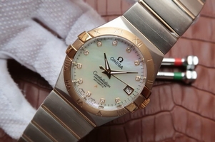 High Quality Replica Omega V6 Constellation 35mm White MOP Dial Bezel Diamonds Markers Bracelet Watch00163