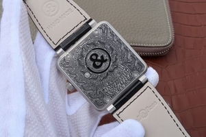 Imitation Bell-&-Ross BR01 Burning Skull Tattoo Watch Antique Dial Black Leather Strap Watch00054