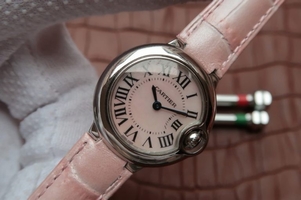Imitation Cartier Ballon Bleu Ladies 28MM White Dial Pink Leather Strap Ronda Quartz Cartier Watch01199