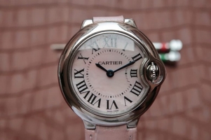 Imitation Cartier Ballon Bleu Ladies 28MM White Dial Pink Leather Strap Ronda Quartz Cartier Watch01199