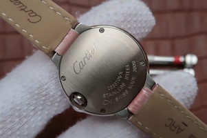 Imitation Cartier Ballon Bleu Ladies 28MM White Dial Pink Leather Strap Ronda Quartz Cartier Watch01199