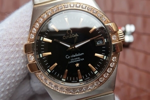 Knockoff Omega V6 Constellation 35mm Diamonds Bezel Black Dial Bracelet Watch00811