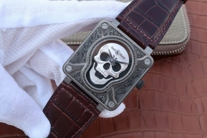 Luxury Bell-&-Ross BR01 Burning Skull Tattoo Watch Silver Dial Brown Leather Strap Watch00339