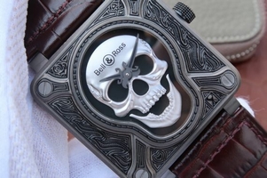 Luxury Bell-&-Ross BR01 Burning Skull Tattoo Watch Silver Dial Brown Leather Strap Watch00339