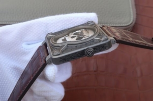 Luxury Bell-&-Ross BR01 Burning Skull Tattoo Watch Silver Dial Brown Leather Strap Watch00339