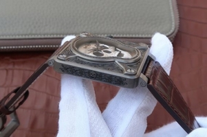 Luxury Bell-&-Ross BR01 Burning Skull Tattoo Watch Silver Dial Brown Leather Strap Watch00339