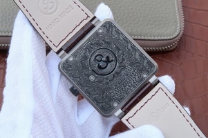 Luxury Bell-&-Ross BR01 Burning Skull Tattoo Watch Silver Dial Brown Leather Strap Watch00339
