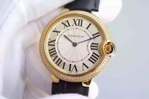 Luxury Cartier Ballon Bleu 40mm Diamonds Bezel White Dial Leather Strap Watch00648