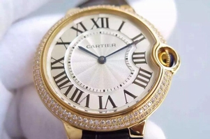 Luxury Cartier Ballon Bleu 40mm Diamonds Bezel White Dial Leather Strap Watch00648