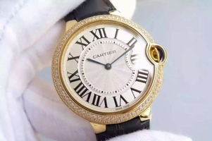 Luxury Cartier Ballon Bleu 40mm Diamonds Bezel White Dial Leather Strap Watch00648