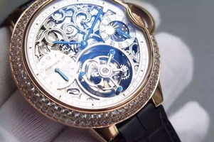 Quality Cartier Ballon Bleu Skeleton Tourbillon Diamond Bezel White Dial Watch00349