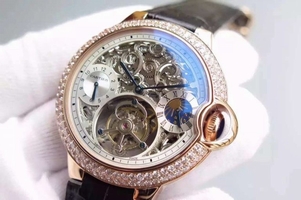 Quality Cartier Ballon Bleu Skeleton Tourbillon Diamond Bezel White Dial Watch00349
