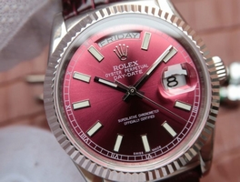 Rolex Day-Date 36mm 118139-L Red Dial Stick Markers Brown Leather Strap Watch01020