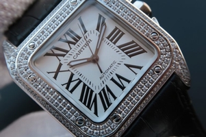 Top Cartier V6 Santos 100 41mm White Dial Diamond Bezel Black Leather Strap Watch00417