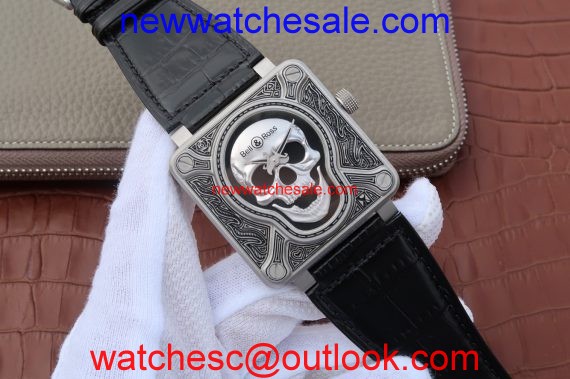 Bell-&-Ross BR01 Burning Skull Tattoo Watch Silver Dial Black Leather Strap Watch00247