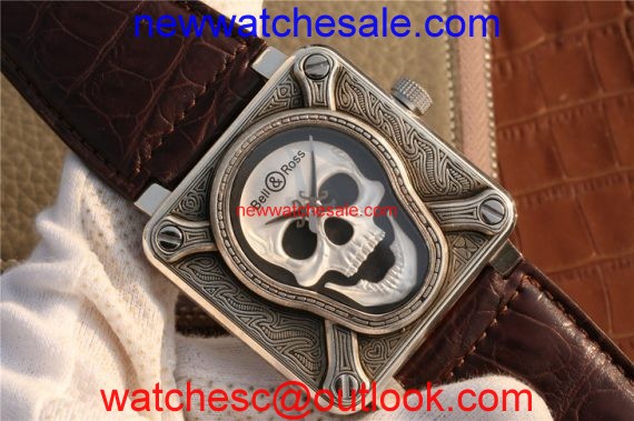 Bell-&-Ross BR01 Silver Case Burning Skull Tattoo Watch Silver Dial Leather Strap Watch00182