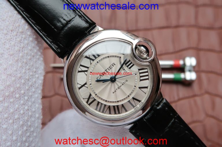 Cartier Ballon Bleu 33mm White Textured Dial Leather Strap Watch00636