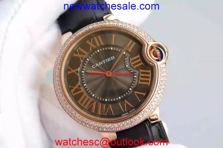 Cartier Ballon Bleu 40mm Diamonds Bezel Black Dial Leather Strap Watch00374