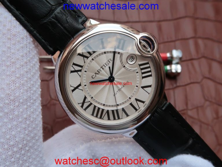 Cartier Ballon Bleu 42mm White Textured Dial Black Leather Strap Watch00099