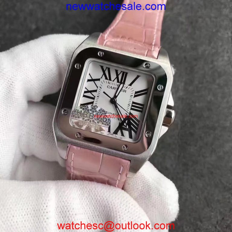 Cartier Santos 100 33mm White Dial Pink Leather Strap Watch00362