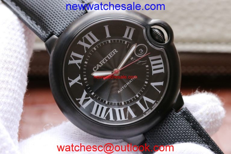 Cartier V6F Ballon Bleu 42mm All Black Black Textured Dial Leather Strap Watch00902