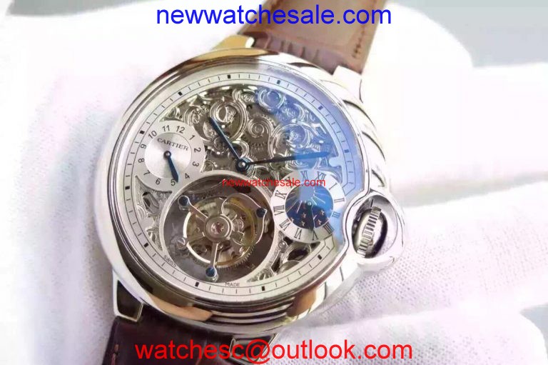 Cheap Cartier Ballon Bleu Skeleton Tourbillon White Dial Brown Leather Strap Watch00688
