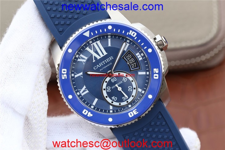 Copy Luxury Cartier J Calibre De Cartier Diver Blue Dial Blue Rubber Strap Cartier Watch00168