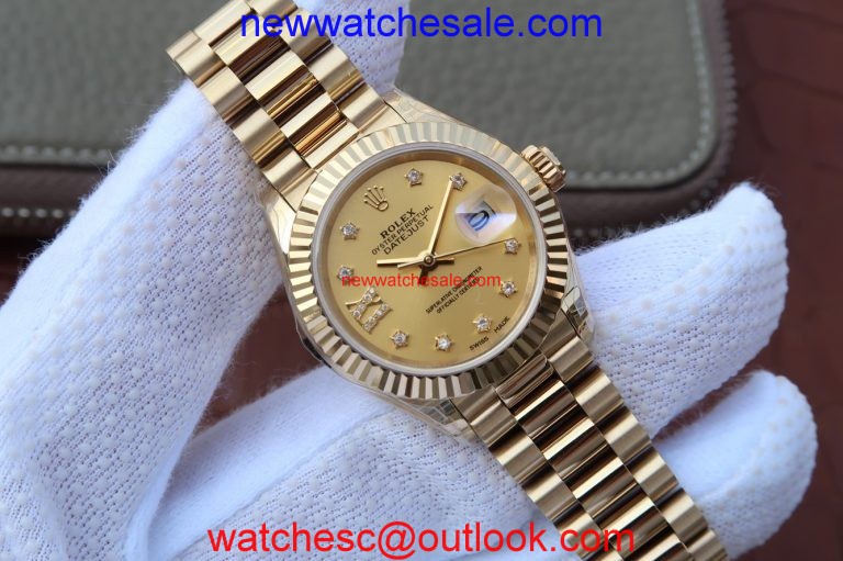 Copy Rolex DateJust 31mm Fluted Bezel Case Gold Dial Rolex Watch01000