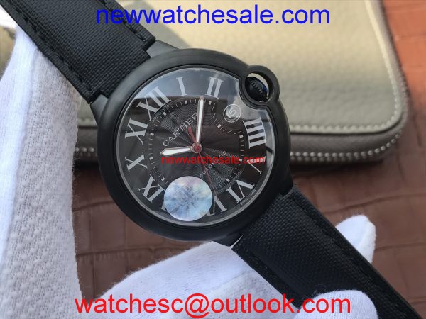 Designer Cartier Ballon Bleu 42mm All Black Black Textured Dial Leather Strap Cartier Watch01132