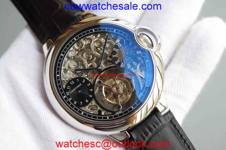 Fake Cartier Ballon Bleu Skeleton Tourbillon Black Dial Black Leather Strap Cartier Watch00759