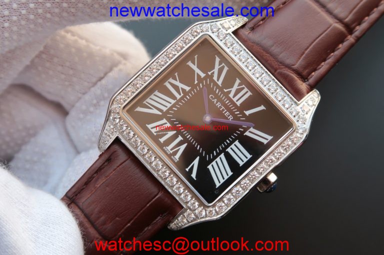 Fake Cartier Santos WH100651 Diamond Black Dial Leather Strap Watch00547