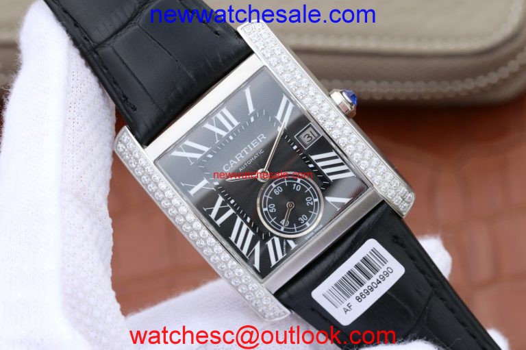 Fake Cartier Tank MC Black Dial Diamonds Bezel Leather Strap Watch00320